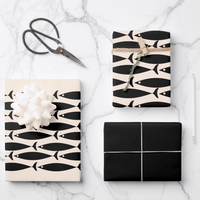 Moderner Retro Fisch Schwarz & Mandelcreme aus dem Geschenkpapier Set (Vorderseite)