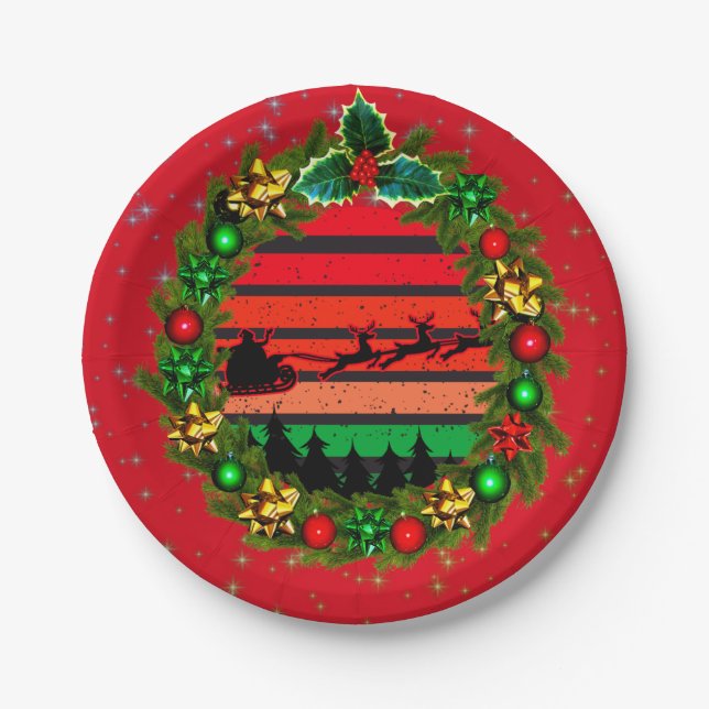 Moderner Retro-Sunset Red Green Santa Wreath 7'" Pappteller (Vorderseite)