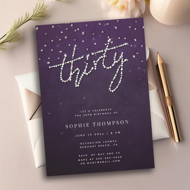 Moderner Rhinestones Glitzer Lila 30. Geburtstag Einladung (ELEGANT RHINESTONES 30TH BIRTHDAY INVITATION FOR WOMEN GLITTER PURPLE CLASSY MODERN SIMPLE CHIC)