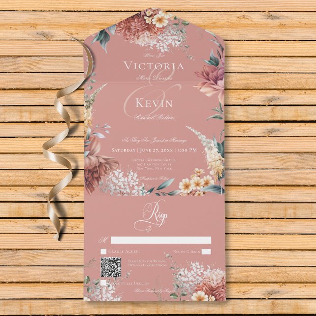 Moderner Romantischer Rosa Garten - Flora QR-Code All In One Einladung (Modern Romantic Pink Garden Floral QR Code All In One Wedding Invitation)