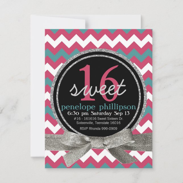 Moderner rosa Aquamariner Zickzack Girly Sweet 16 Einladung (Vorderseite)