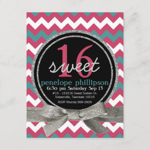 Moderner rosa Aquamariner Zickzack Girly Sweet 16 Einladung