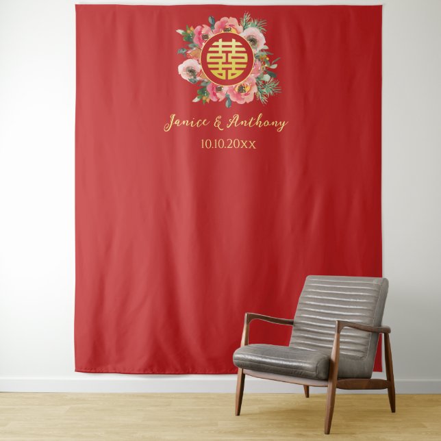 Moderner rosa Blumenkranz in chinesischer Hochzeit Wandteppich (Beispiel)