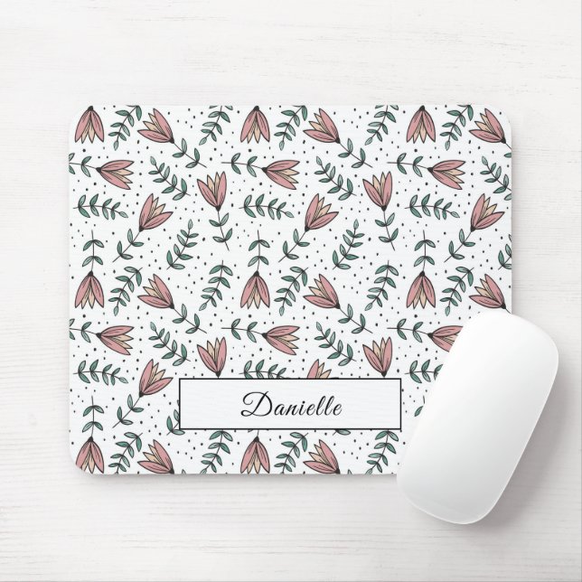 Moderner rosa Blumenmuster-Name Mousepad (Mit Mouse)