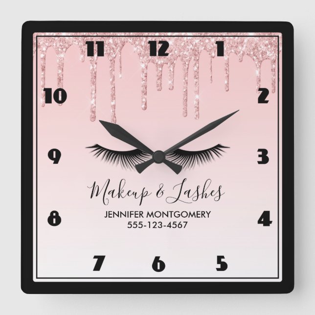 Moderner rosa flüssiger Glitzer u. Eyelashes Quadratische Wanduhr (Vorderseite)
