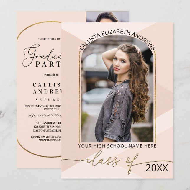 Moderner rosa geometrischer Foto Abschluss Einladung (Vorne/Hinten)