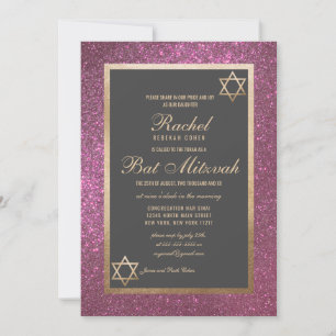 Moderner rosa Glitzer dick Border Bat Mitzvah Einladung