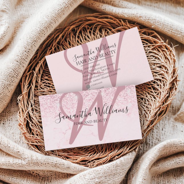 Moderner Rosa Glitzer Monogram Haare-Stift Visitenkarte (Von Creator hochgeladen)