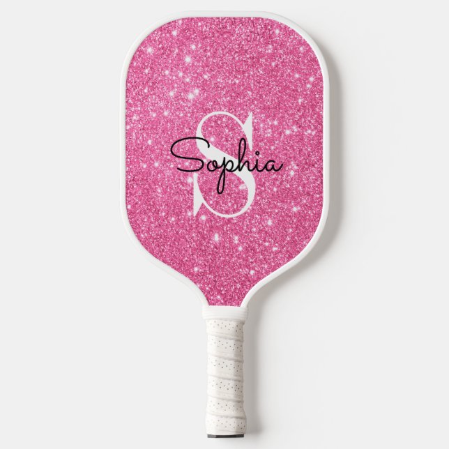 Moderner rosa Glitzer Monogram Personalisierter Na Pickleball Schläger (Vorderseite)