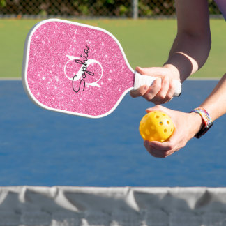 Moderner rosa Glitzer Monogram Personalisierter Na Pickleball Schläger