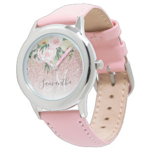 Moderner rosa Glitzer und Blume mit Namen Armbanduhr