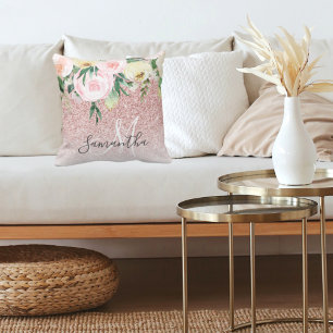 Moderner rosa Glitzer und Blume mit Namen Kissen