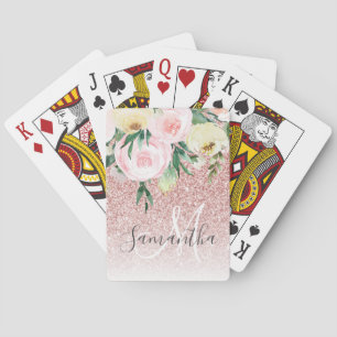 Moderner rosa Glitzer und Blume mit Namen Spielkarten