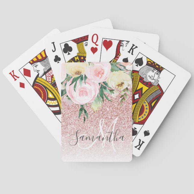 Moderner rosa Glitzer und Blume mit Namen Spielkarten (Rückseite)