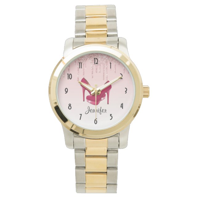 Moderner rosa Glitzer und hohe Absätze Armbanduhr (Vorderseite)