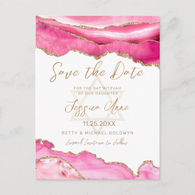 Moderner Rosa Gold Glitzer Agate Bat Mitzvah Rette Ankündigungspostkarte (Vorderseite)