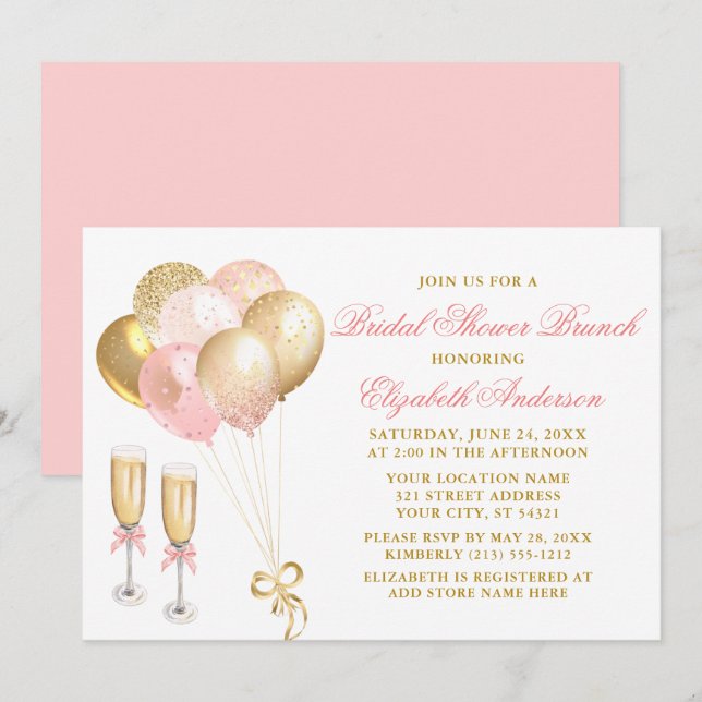 Moderner Rosa Goldballons Brautparty Brunch Einladung (Vorne/Hinten)