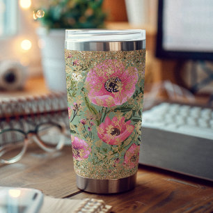 Moderner Rosa Grüner Blumenchic Gold Glitzer Elega Thermobecher