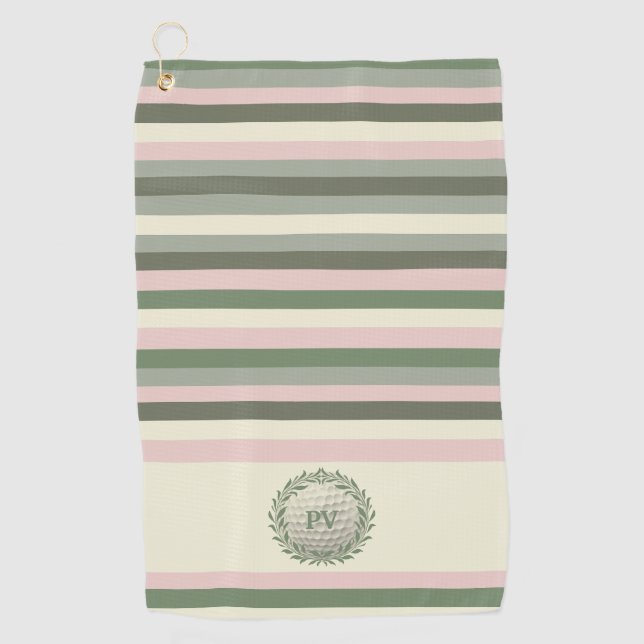 Moderner rosa grüner Streifen Mit Monogramm Golfhandtuch (Vorderseite)