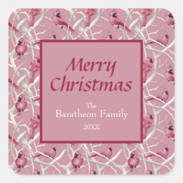 Moderner rosa Kardinal Bird Frohe Weihnachten Quadratischer Aufkleber