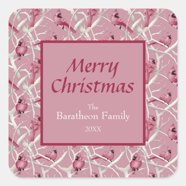 Moderner rosa Kardinal Bird Frohe Weihnachten Quadratischer Aufkleber (Vorderseite)