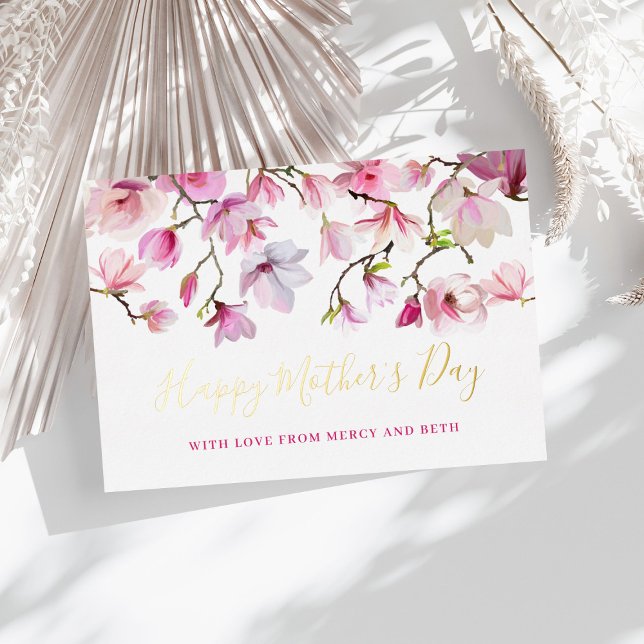 Moderner rosa Magnolia floraler Happy Mothers Day Folieneinladung (Von Creator hochgeladen)