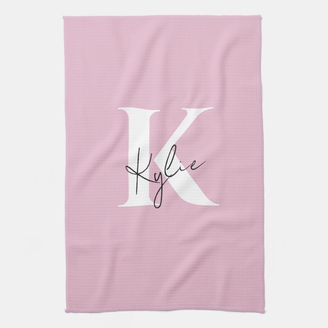 Moderner rosa Personalisierter Monogramm-Name: Geschirrtuch (Vertikal)