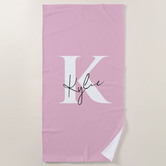 Moderner rosa Personalisierter Monogramm-Name: Strandtuch (Vorderseite)