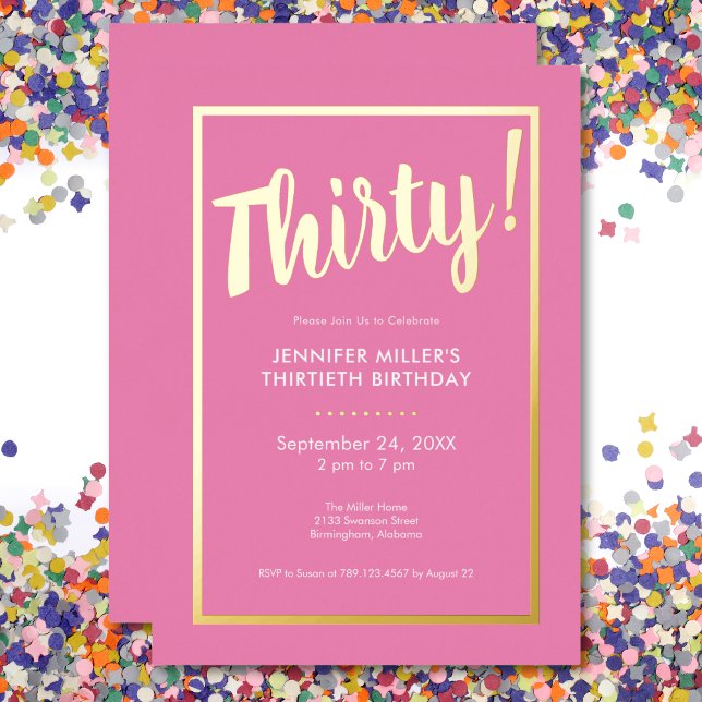 Moderner Rosa- und Goldfilm 30. Geburtstag Folieneinladung (Modern Pink & Gold Foil 30th Birthday Foil Invitation)
