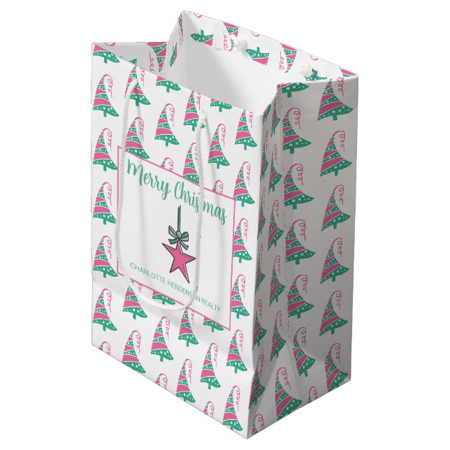 Moderner Rosa und grüner Weihnachtsbaum Star Mittlere Geschenktüte (Vorderseite Schrägansicht)