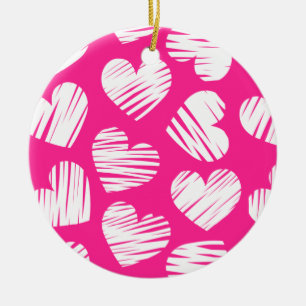 Moderner rosa-weißer doodled Herz-Valentinstag Keramikornament