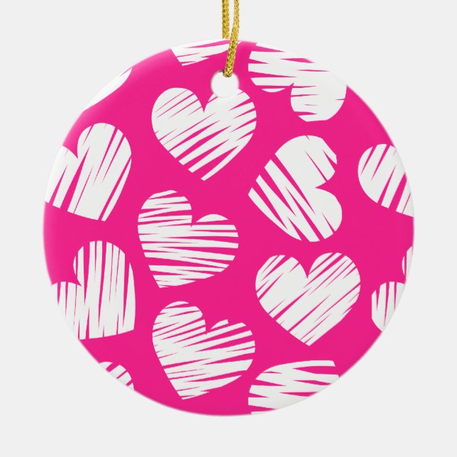 Moderner rosa-weißer doodled Herz-Valentinstag Keramikornament (Vorne)