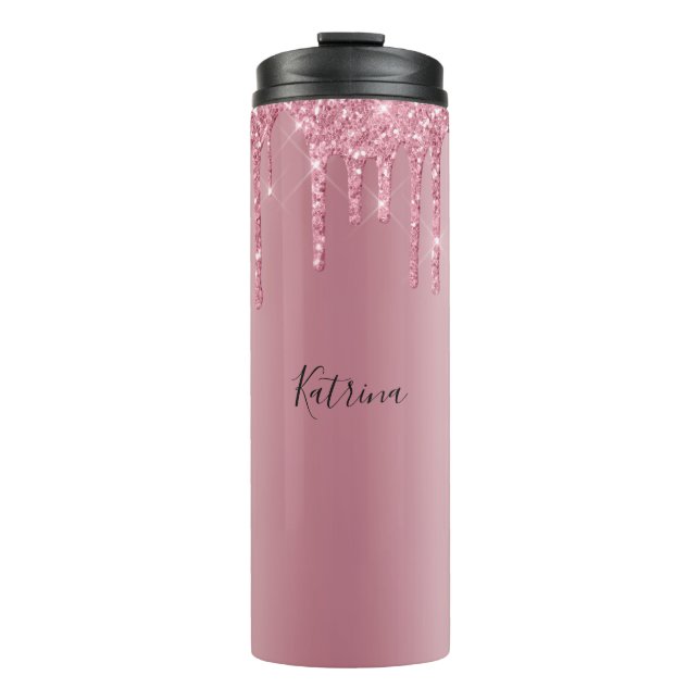 Moderner rosafarbener Glitzer Personalisierter Nam Thermosbecher (Vorderseite)