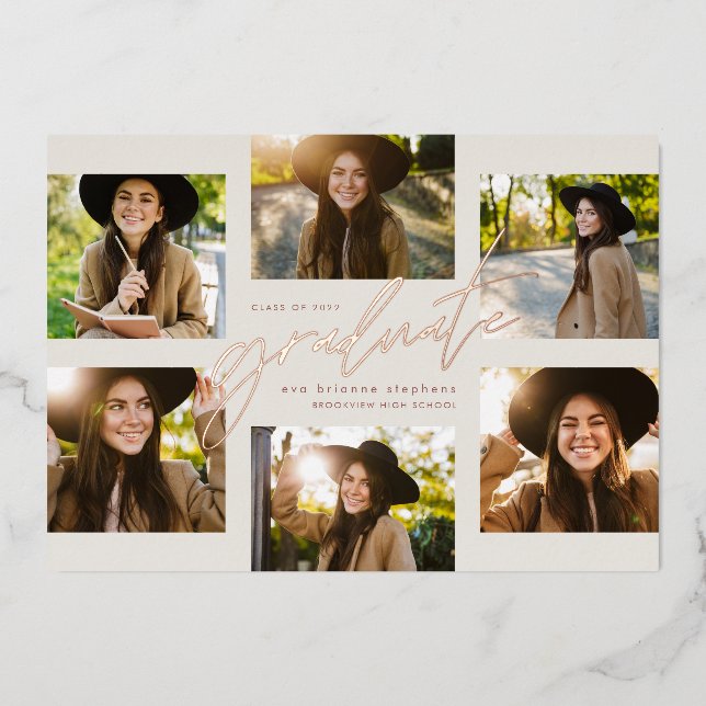 Moderner Rose Gold Foto Collage Abschluss Folieneinladung (Vorderseite)