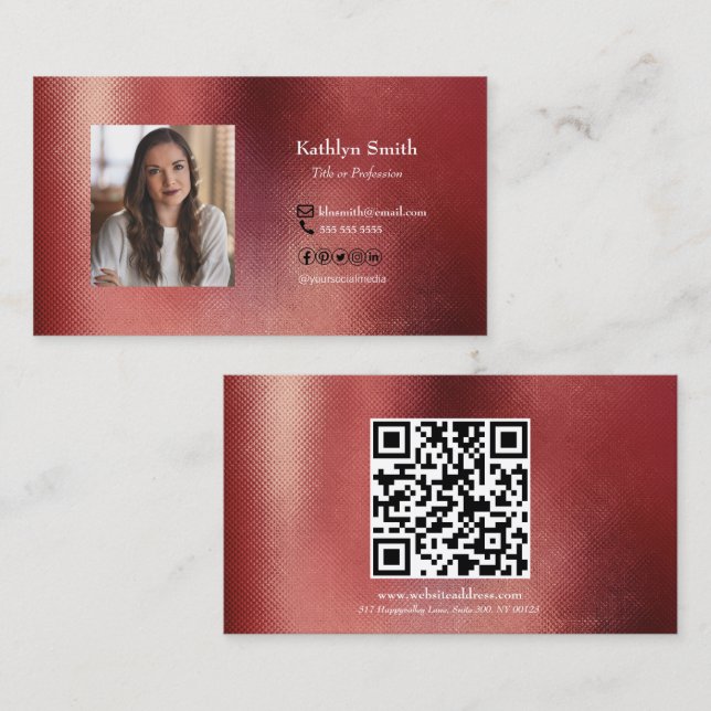 Moderner Rose Gold Foto QR Code Beruflich Visitenkarte (Vorne/Hinten)