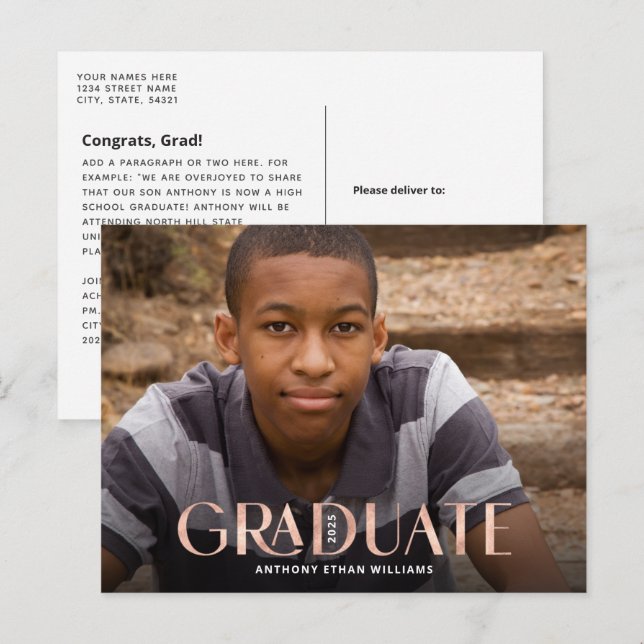 Moderner Rose Gold Overlay Foto Abschluss Postkarte (Vorne/Hinten)