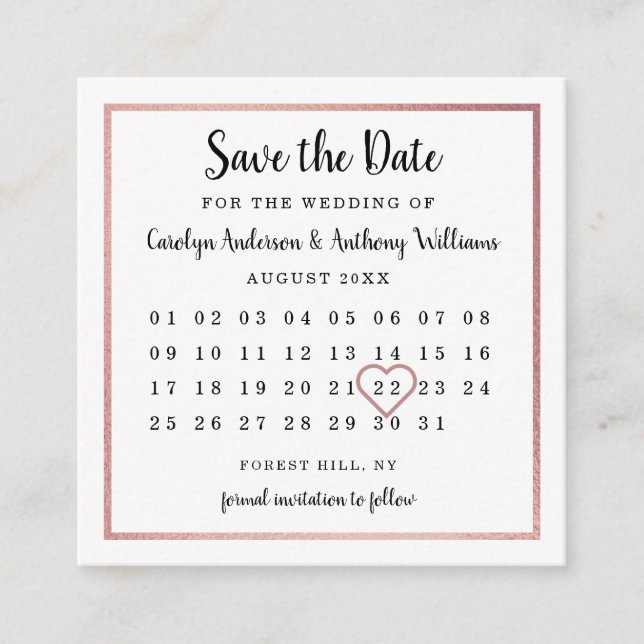 Moderner Rose Goldfilm Kalender Save the Date Begleitkarte (Vorderseite)