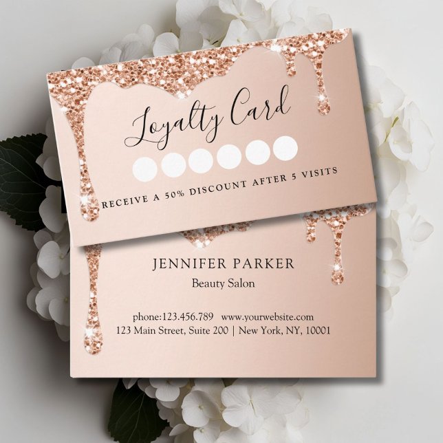 Moderner Rosegold Glitzer Salon & Wellness-Center  Visitenkarte (Modern Rosegold Glitter Drop Salon & Spa Loyalty Business Card)