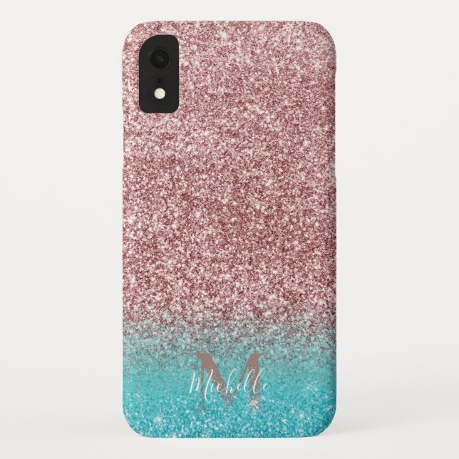Moderner Rosen-GoldGlitzer u. aquamarines Ombre Case-Mate iPhone Hülle (Rückseite)