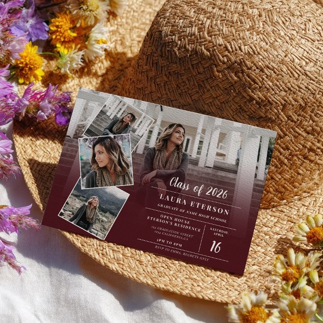 Moderner, roter Bordeaux-Abschluss mit minimalisti Einladung (Modern red burgundy minimalist photo graduation invitation)