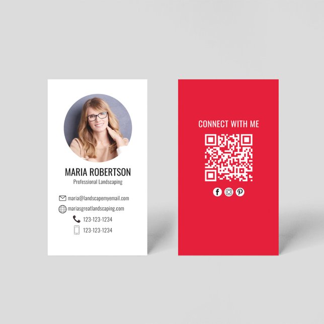 Moderner roter Geschäfts-Foto-QR-Code Visitenkarte (Modern photo business card template with a scannable QR Code.)