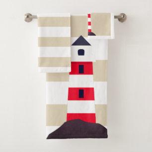 Moderner roter gestreifter Leuchtturm Badhandtuch Set