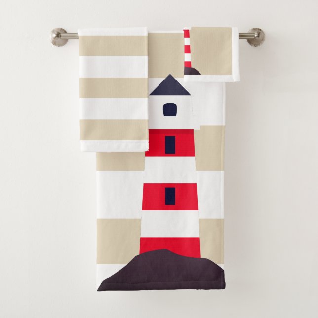 Moderner roter gestreifter Leuchtturm Badhandtuch Set (Insitu)