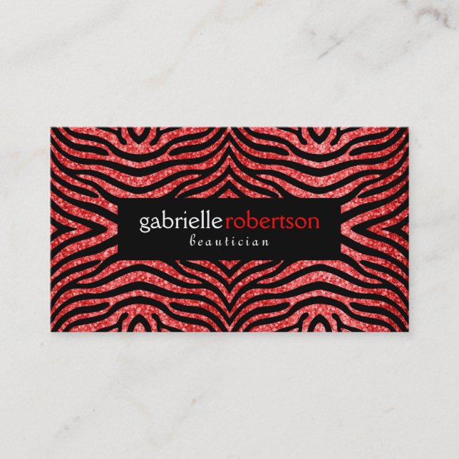 Moderner roter Glitzer mit schwarzem Zebradruck Visitenkarte (Vorderseite)