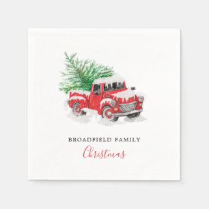 Moderner roter LKW mit dem Namen der Weihnachtsbau Serviette