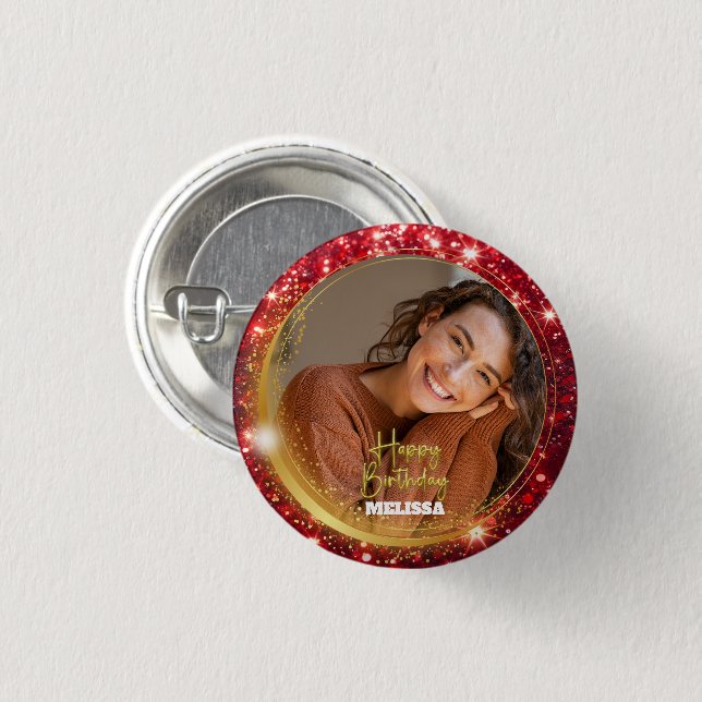 Moderner roter und goldener Glitter-Foto-Name-Gebu Button (Vorne & Hinten)