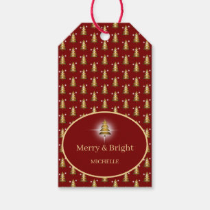 Moderner roter Weihnachtsbaum mit goldenem Glitter Geschenkanhänger