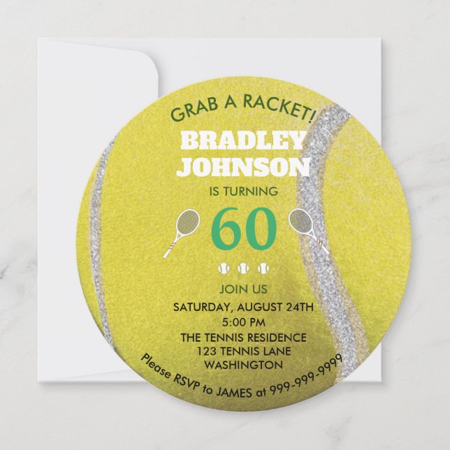 Moderner Round Tennis Ball Personalisiert 60 Gebur Einladung (Vorderseite)