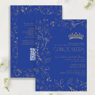 Moderner Royal Blue Gold QR Code Floral Quinceñera Einladung
