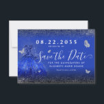 Moderner Royal Blue Silver Glitzer Gown Quinceaner Save The Date<br><div class="desc">Moderne Royal Blue Navy Blue Classic Silberprinzessin Gown Dress Glitzer Sparkle Butterfly 15. Geburtstag Quinceanera Save the Date Einladung</div>